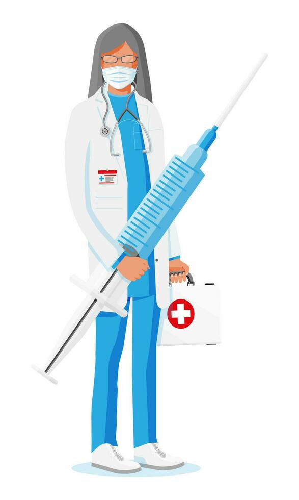 Female doctor holds large syringe with vaccine. Cartoon doctor holding big syringe isolated on white. Woman in coat with medical vaccine injection tool. Vaccination concept. Flat vector illustration