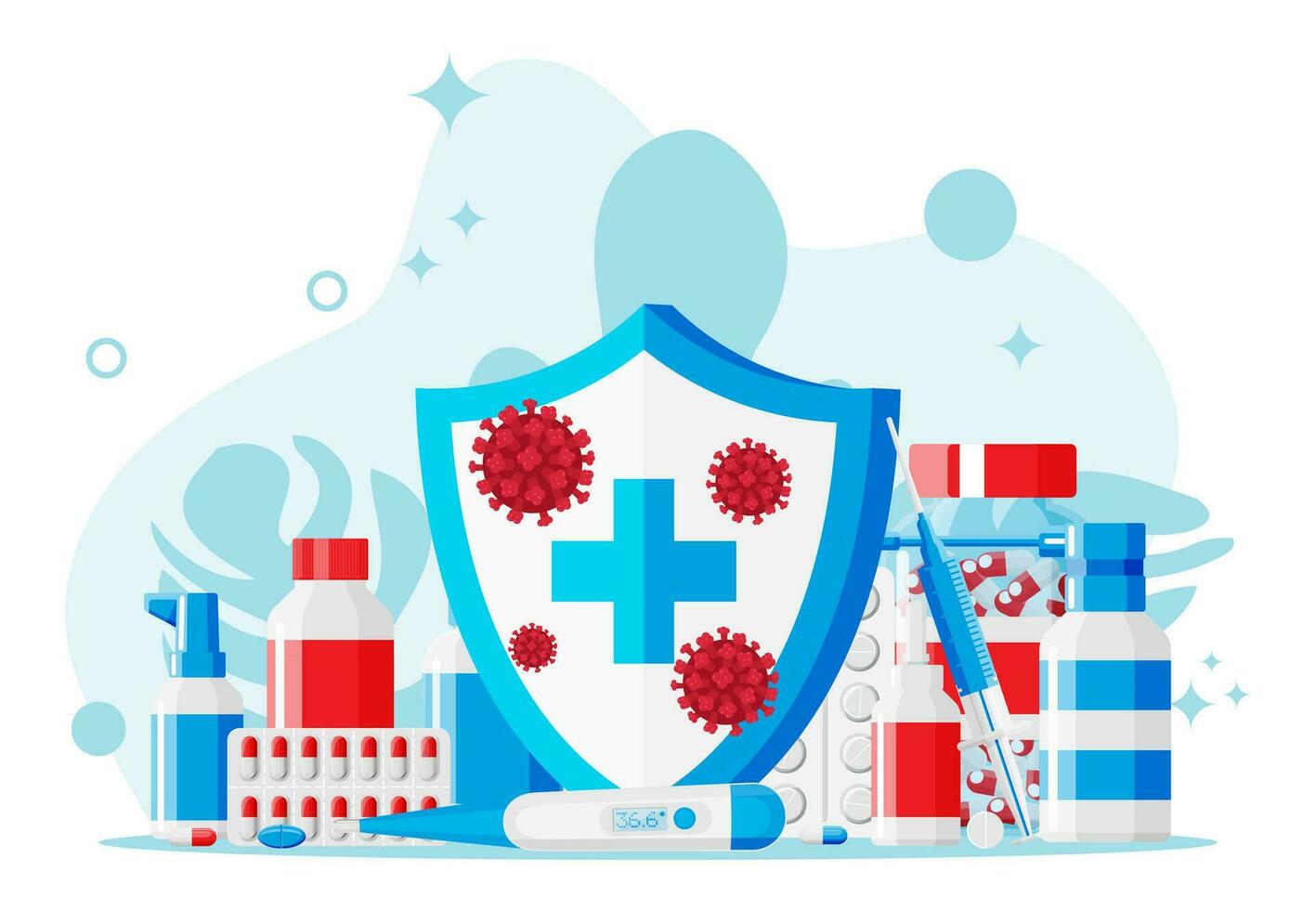 Medicine collection behind shield that attacked by viruses and bacteria cells. Vaccination and immunity concept. Set of bottles, tablets, pills, capsules, sprays for illness. Flat vector illustration