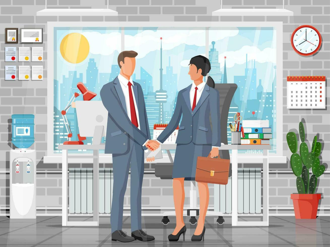 Man and woman in business suits with case and laptop shaking their hands. Relations of partnership concept. Business people partners handshake. Successful transaction, deal. Flat vector illustration