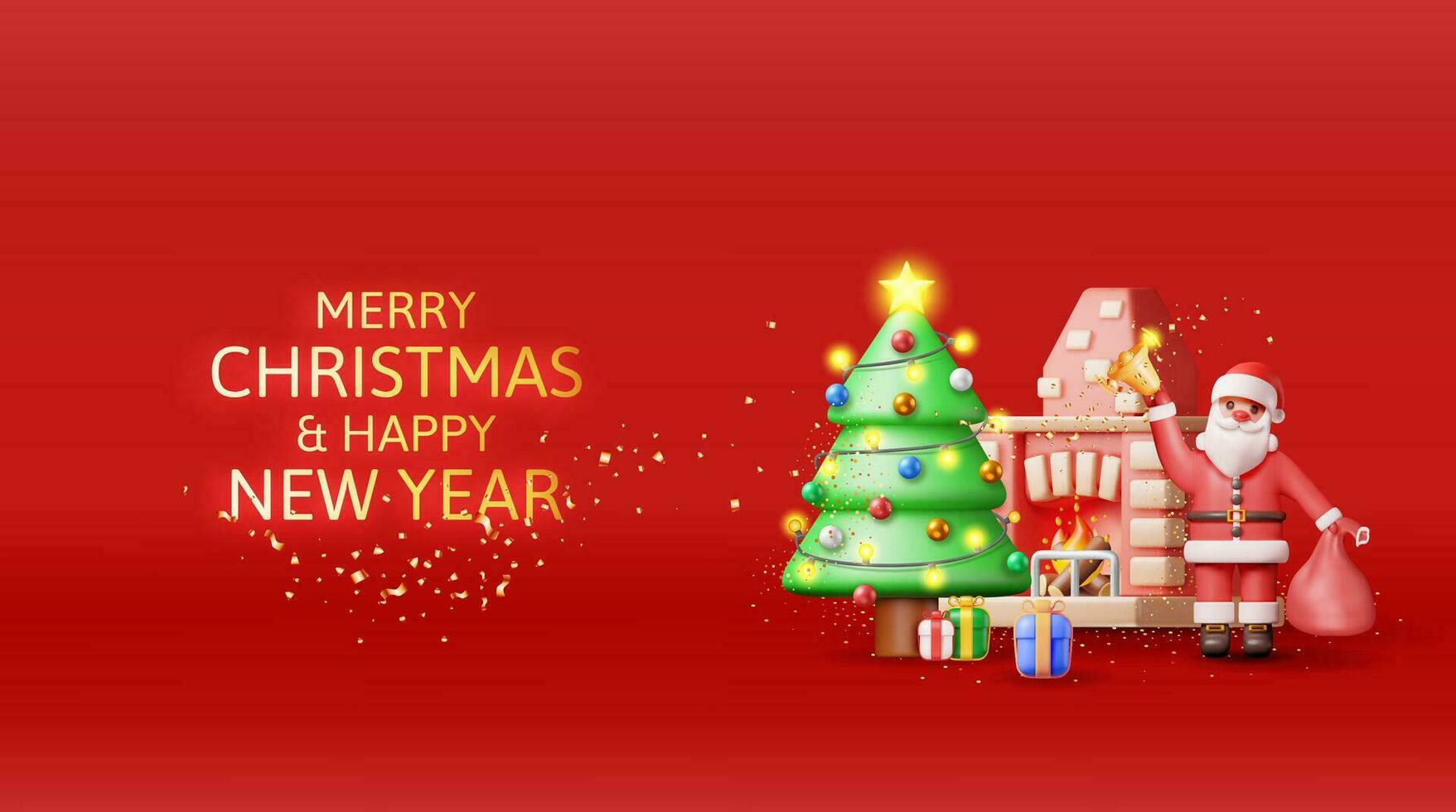 3D Red Brick New Year Fireplace and Santa Claus. Render Christmas Decorated Fireplace with Socks, Tree, Gifts. Happy New Year. Christmas Holiday. New Year and Xmas Celebration. Vector Illustration