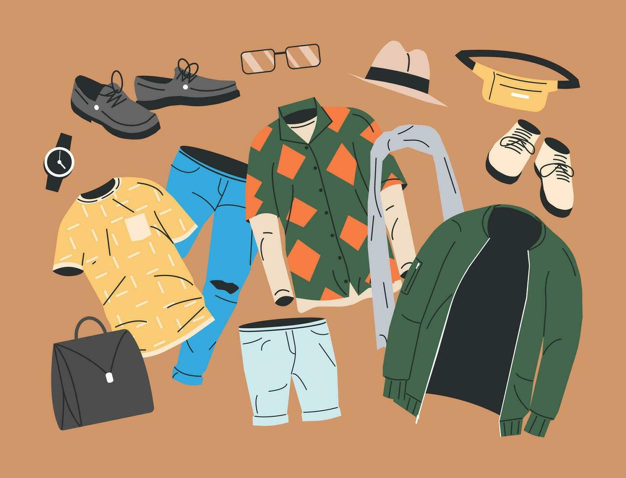 colección de hombre armario. conjunto de masculino ropa y accesorios iconos varios hombres ropa. chaqueta, zapatos, camisa, pantalones, relojes, los anteojos, sombrero. dibujos animados plano vector ilustración