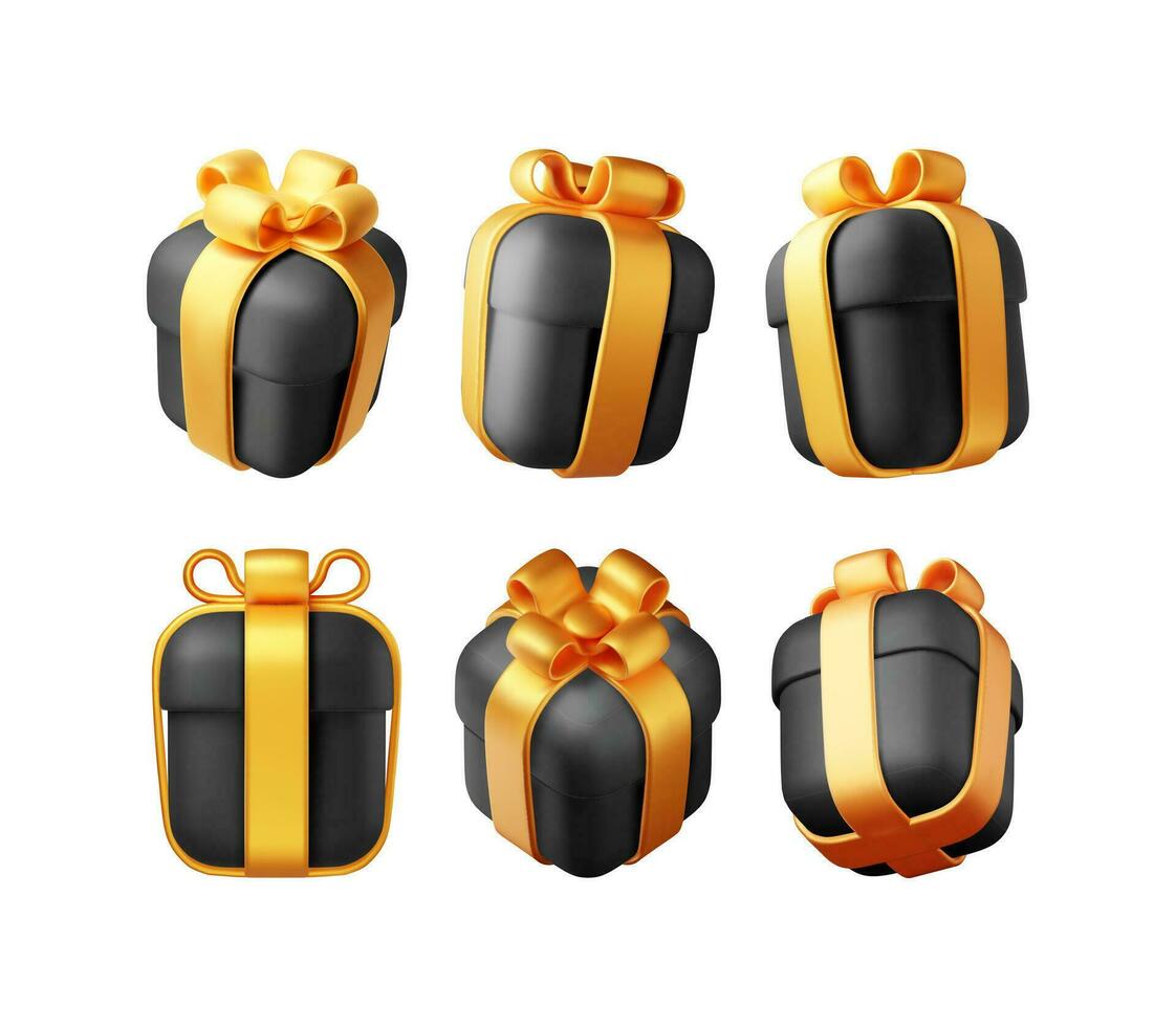3d negro regalo caja con oro arco conjunto aislado en blanco. hacer lujo envuelto caja. Navidad. nuevo, año, venta, compras. presente caja caja de regalo para negro viernes, cumpleaños y día festivo. vector ilustración