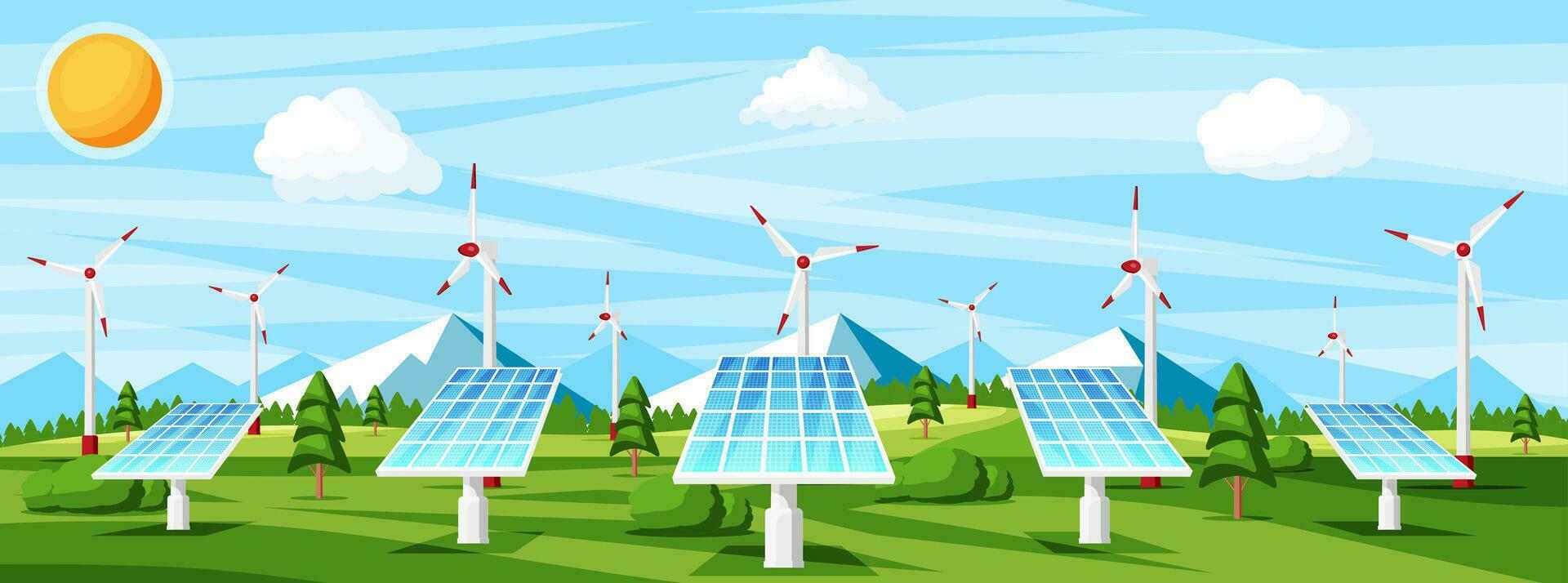 eco tecnología antecedentes. verde energía. naturaleza montaña paisaje con solar paneles, viento eléctrico generadores turbina. verde energía fuente. alternativa renovable energía. plano vector ilustración