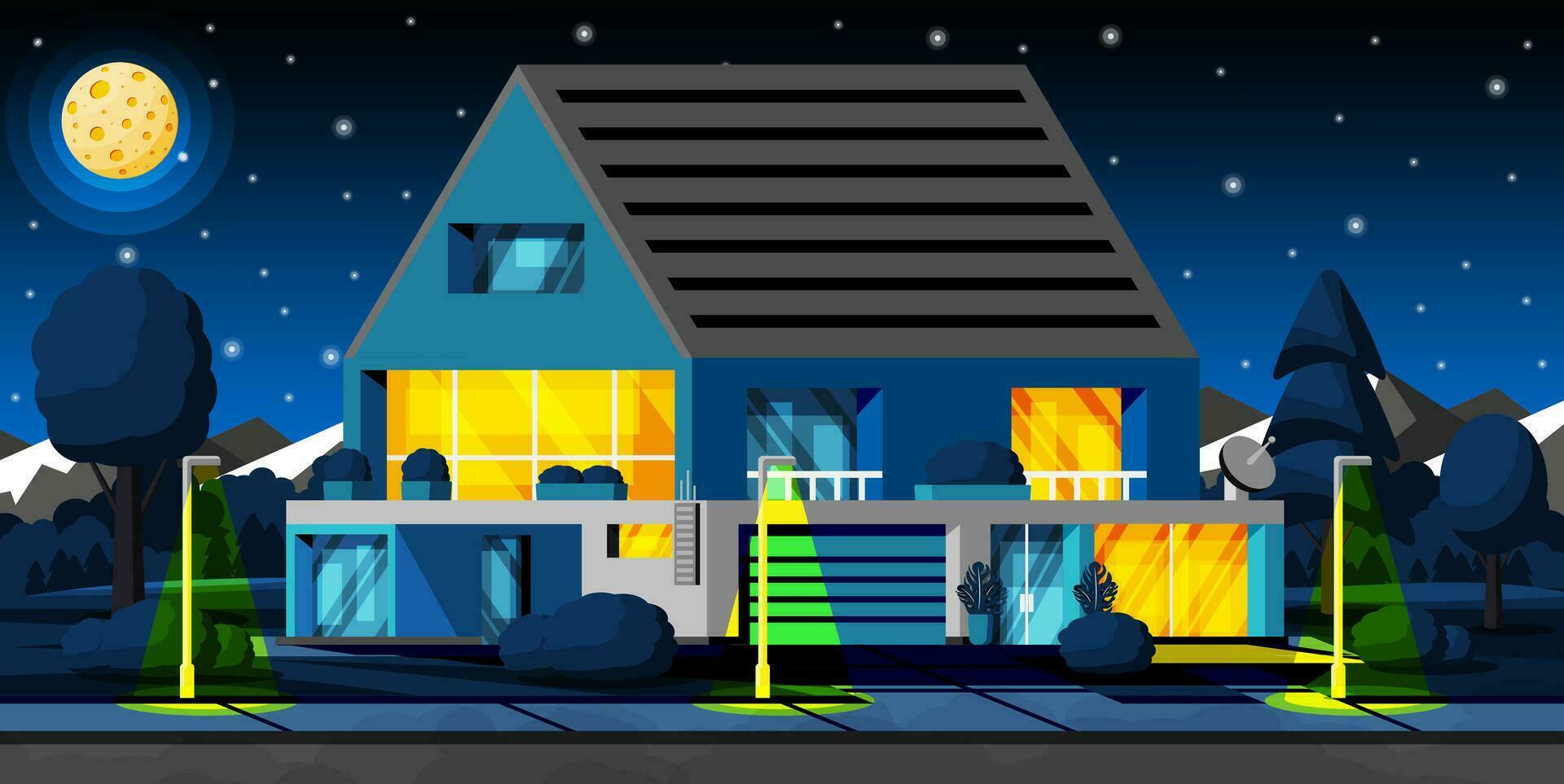 Landscape with Residential Cottage in Night. Countryside Building Exterior. Facade with Trees and Garden at Front Yard. Modern Suburban House. Real Estate Concept. Cartoon Flat Vector Illustration