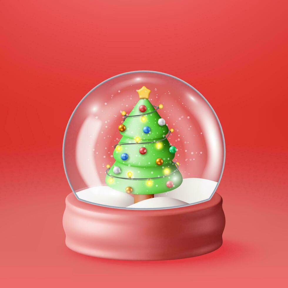 3d vaso Navidad nieve globo con árbol aislado. hacer esfera podio con abeto árbol. contento nuevo año decoración. alegre Navidad día festivo. nuevo año Navidad celebracion. realista vector ilustración