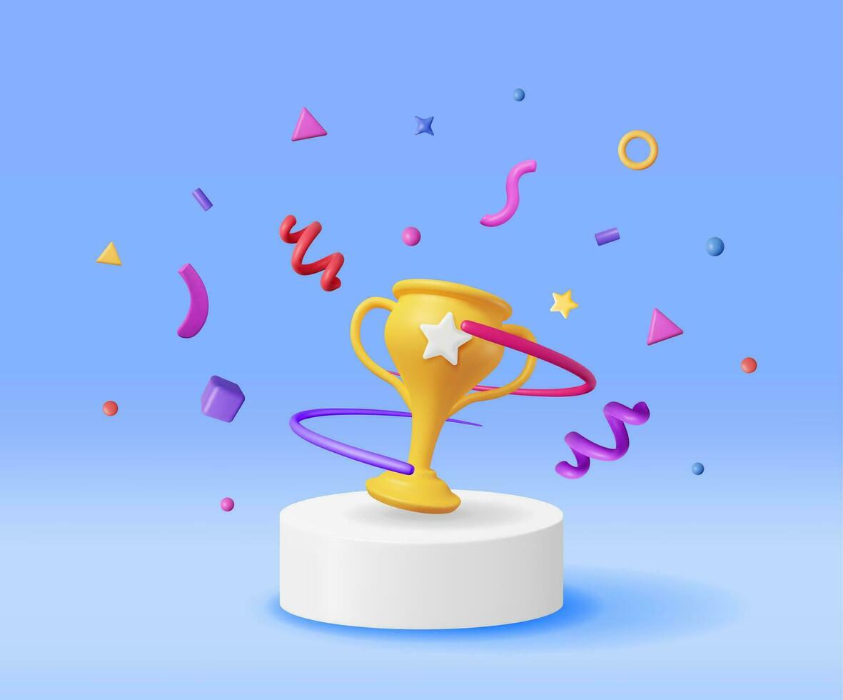 3D Golden Champion Trophy with Confetti on Podium. Render Gold Cup Trophy Icon. Gold Trophy for Competitions. Award Victory, Goal Champion Achievement, Prize Sports Award, Success. Vector Illustration