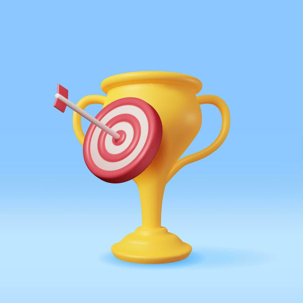 3D Champion Trophy with Target Isolated. Render Gold Cup and Dartboard Icon. Gold Trophy for Competitions. Award, Victory, Goal, Champion Achievement, Prize, Sports Award, Success. Vector Illustration