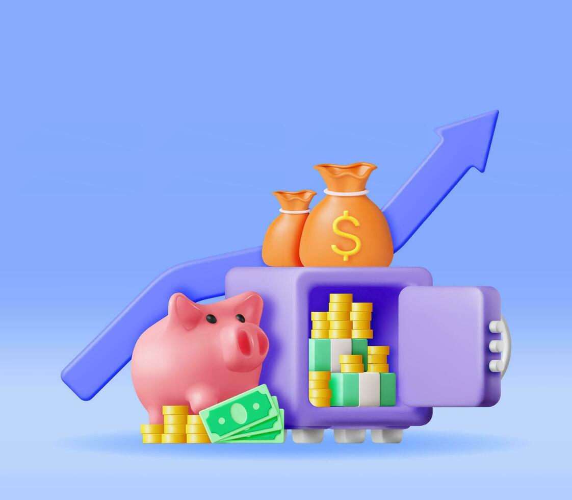 3d Safe Box Full of Money and Piggy Bank. Render Plastic Style Safebox Cash Coins, Dollars Icon. Bank Vault Security, Deposit Storage, Cash Safety Safebox. Saving, Stored Money. Vector Illustration