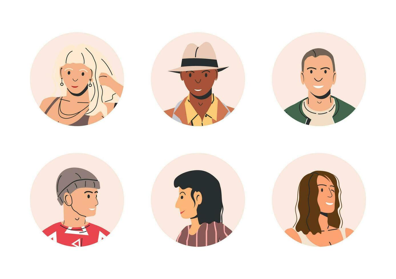 Different People Avatars. Set of Circle User Portraits. Male and Female Characters. Man and Woman in Trendy Outfit. Guys and Girls with Different Hairstyles and Ethnicities. Flat Vector Illustration