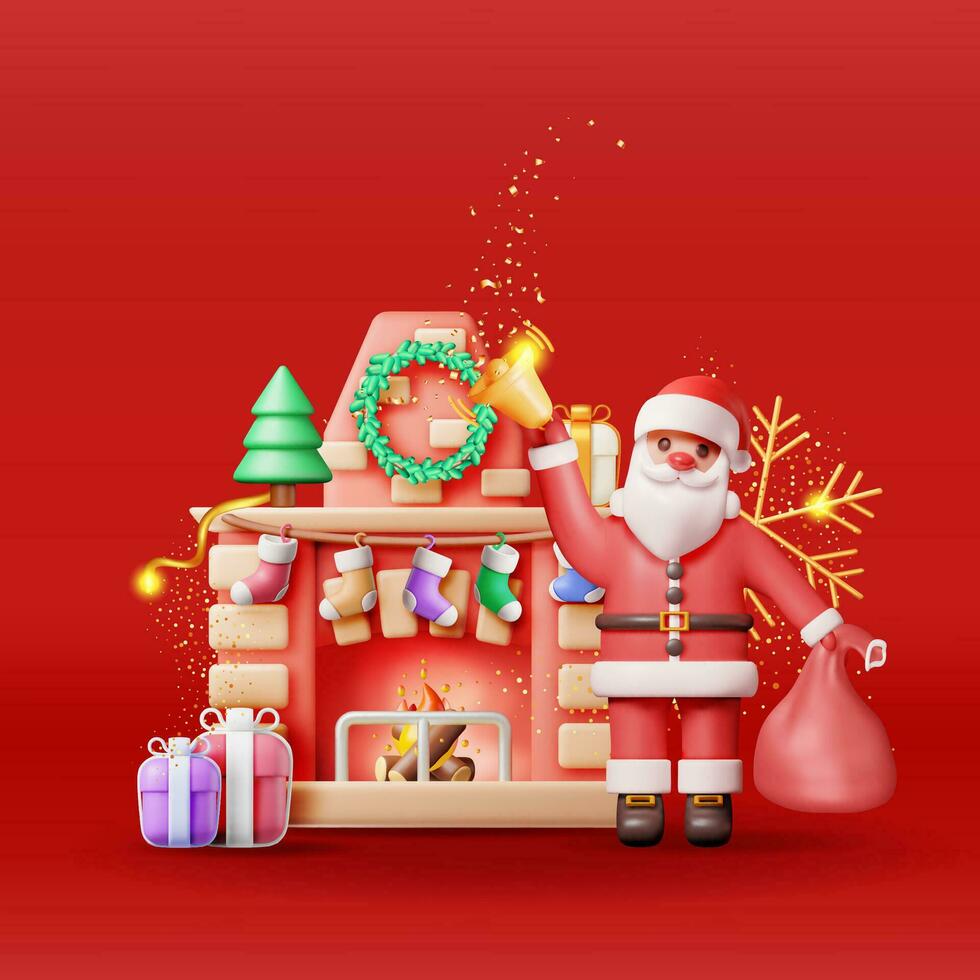 3d rojo ladrillo nuevo año hogar y Papa Noel noel hacer Navidad decorado hogar con medias, árbol, regalos. contento nuevo año. Navidad día festivo. nuevo año y Navidad celebracion. vector ilustración