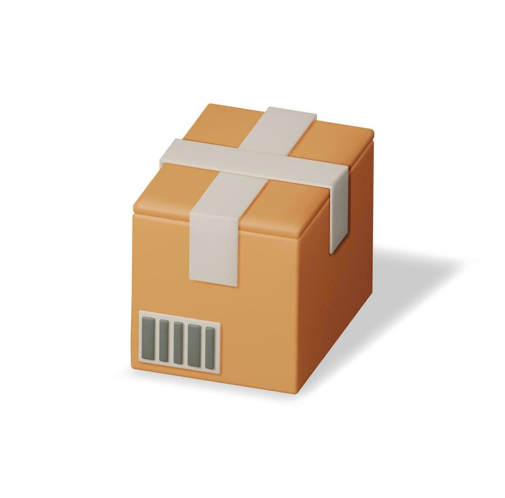 3D Carton Packaging Box Isolated on White. Render Cardboard Package with Cover. Postal Signs of Fragile. Carton Delivery Packaging. Presentation, Gift Transportation and Logistics. Vector Illustration