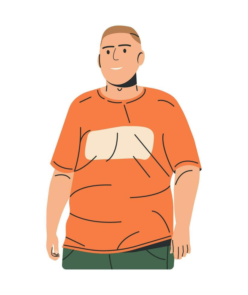 Happy Smiling Caucasian Man with Overweight. White Skinned Body Positive Guy. Male Character Plus Size Model. Plump Man Character. Trendy Big Boy in Tshirt. Flat Vector Illustration