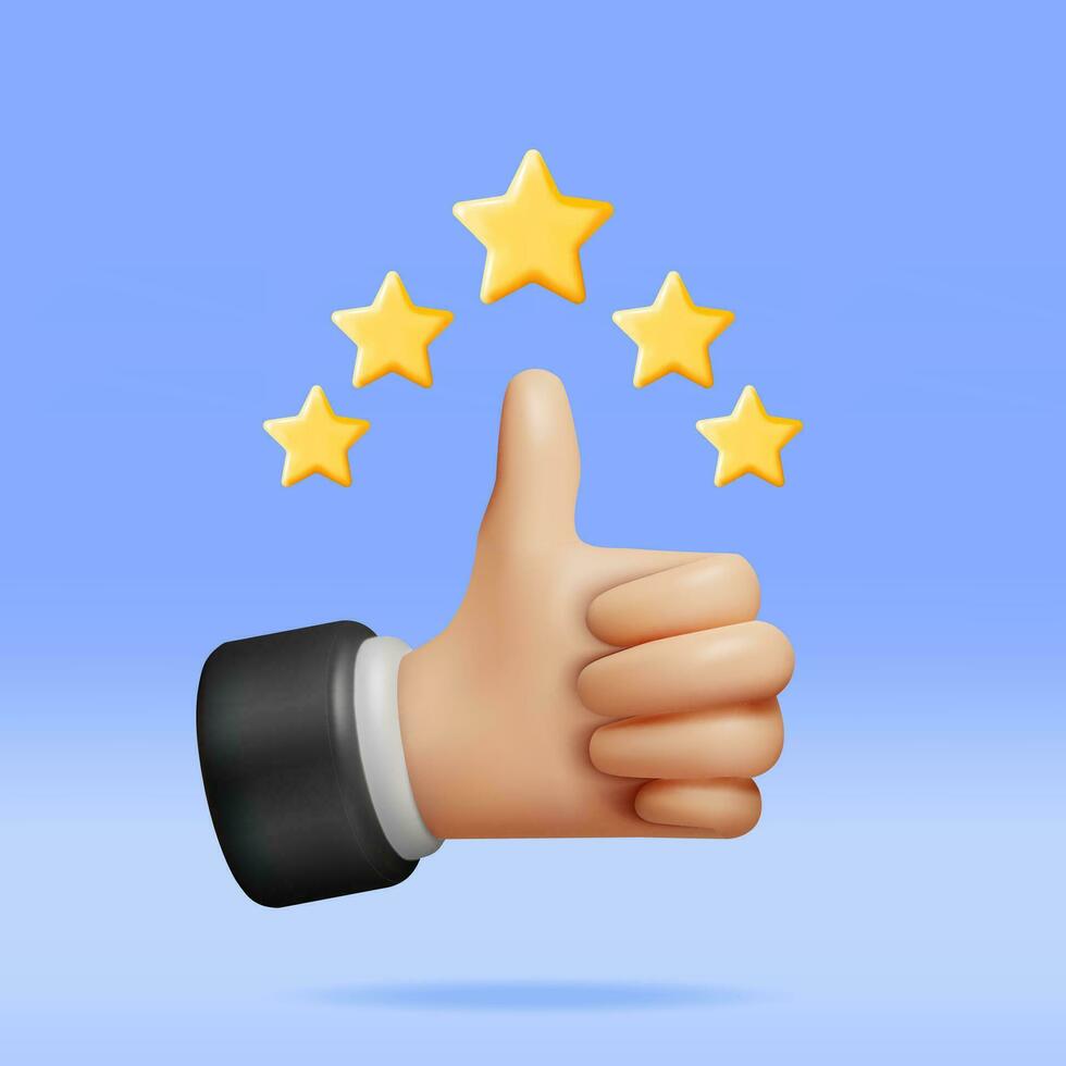 3D Thumb Up Pointing at Five Gold Star Rating Isolated. Reviews Five Star Realistic Render. Testimonials, Rating, Feedback, Survey, Quality and Review. Achievements or Goal. Vector Illustration