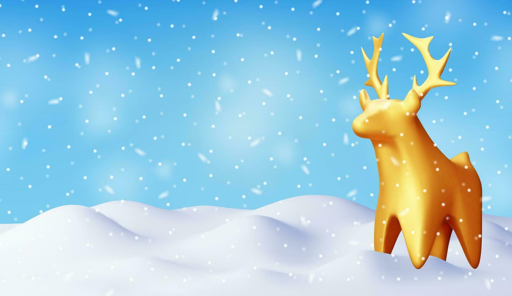 3D Christmas Deer Statue in Snowdrift. Render Gold Deer Figurine. Deer with Antlers. Happy New Year Reindeer Decoration. Merry Christmas Holiday. New Year and Xmas Celebration. Vector Illustration