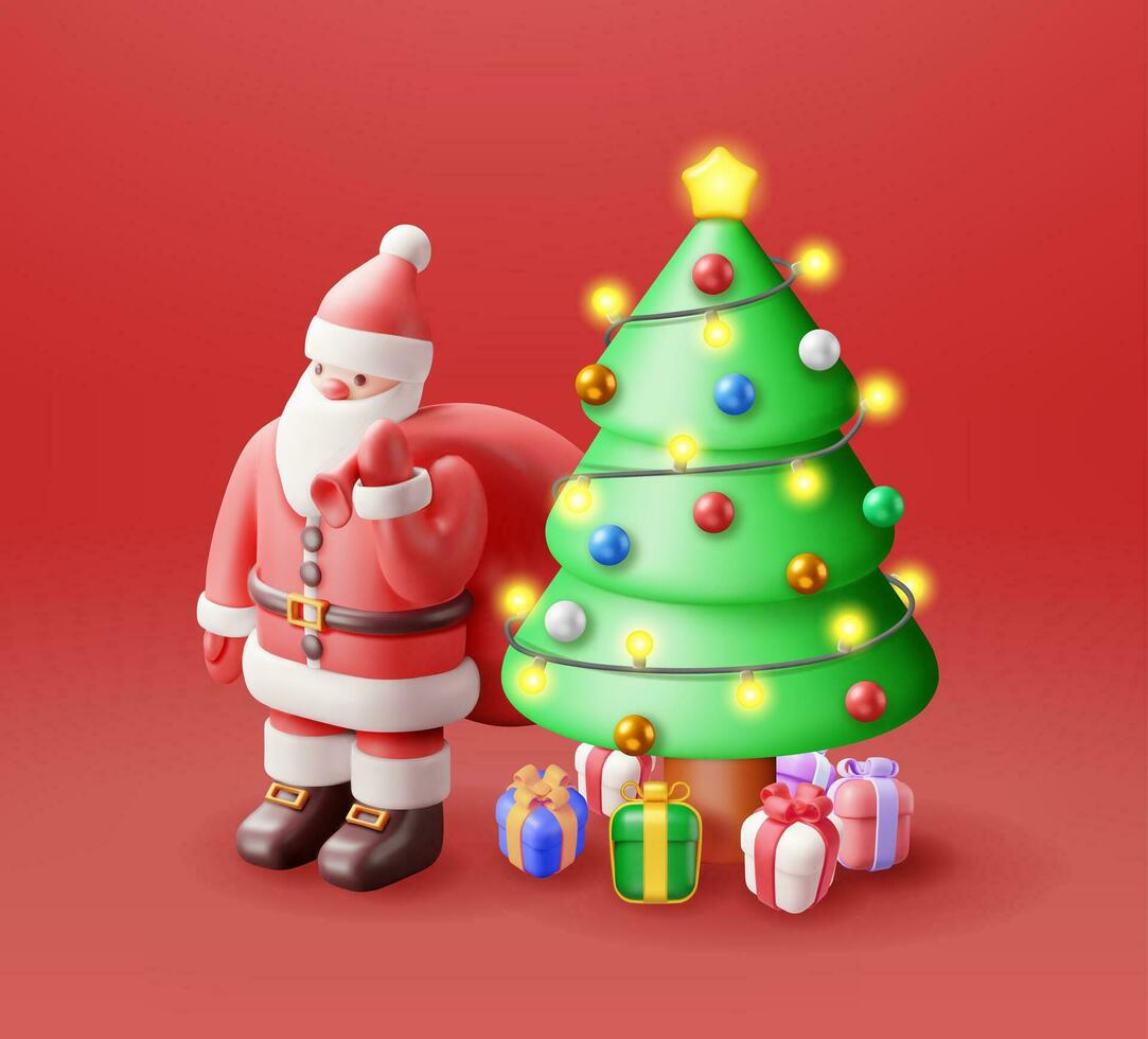 3D Santa Claus with Gift Bag and Christmas Tree. Render Happy New Year Decoration. Merry Christmas Holiday. New Year and Xmas Celebration. Realistic Vector Illustration