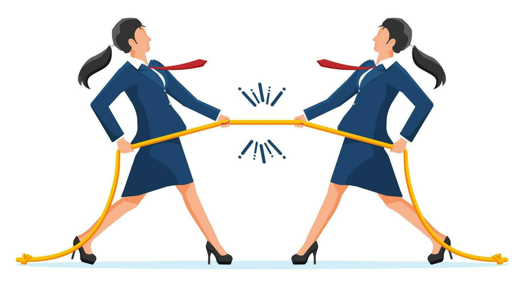 Two Businesswomen Pull of Rope. Women Tug of War and Look at Each Other. Business Target, Rivalry, Competition, Conflict. Achievement, Goal Success. Flat Vector Illustration