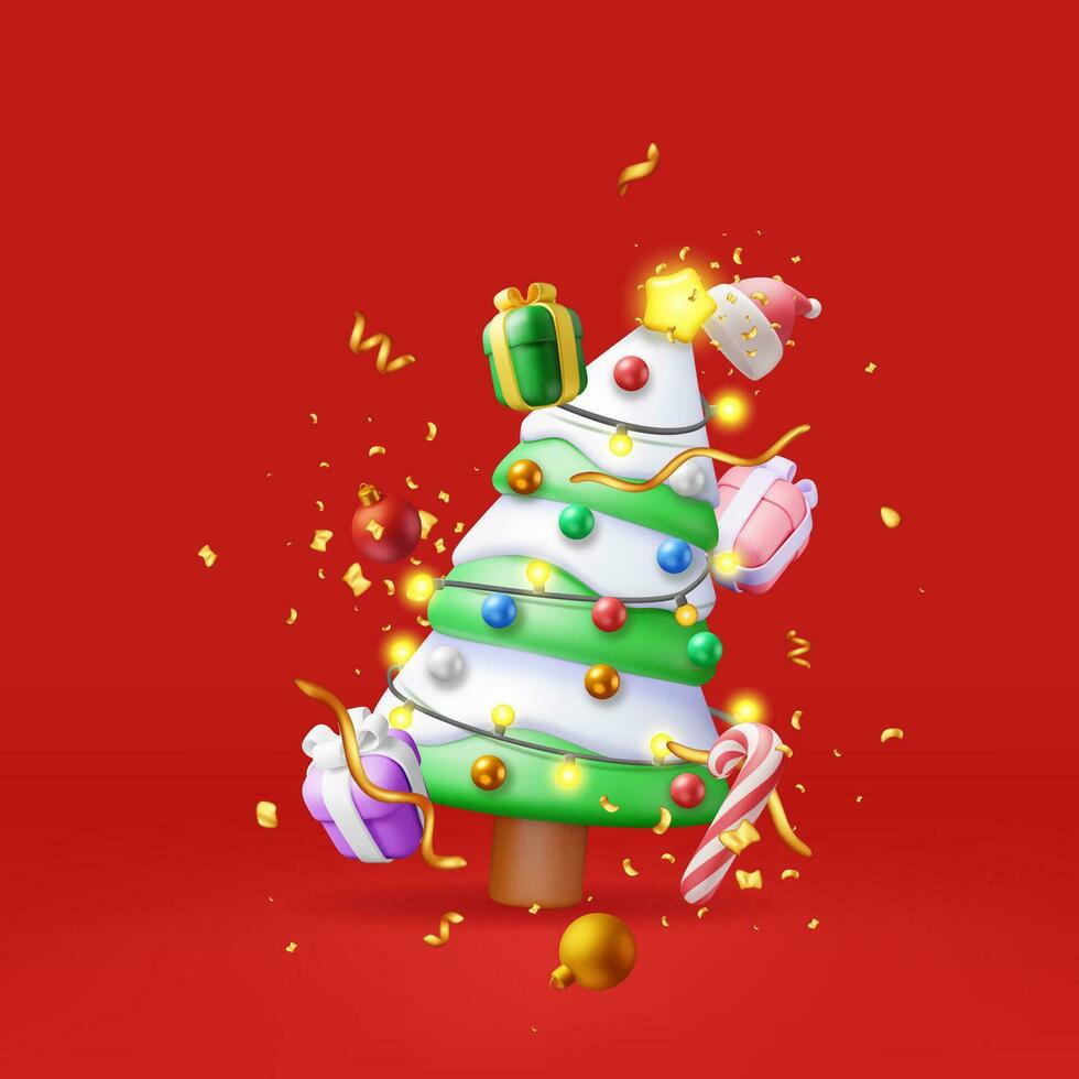 3D Christmas Tree Decorated with Gift Boxes, Colorful Balls, Garland Lights, Golden Star. Render Spruce, Evergreen Tree. Greeting Card, Festive Poster, Party Invitations. New Year. Vector Illustration