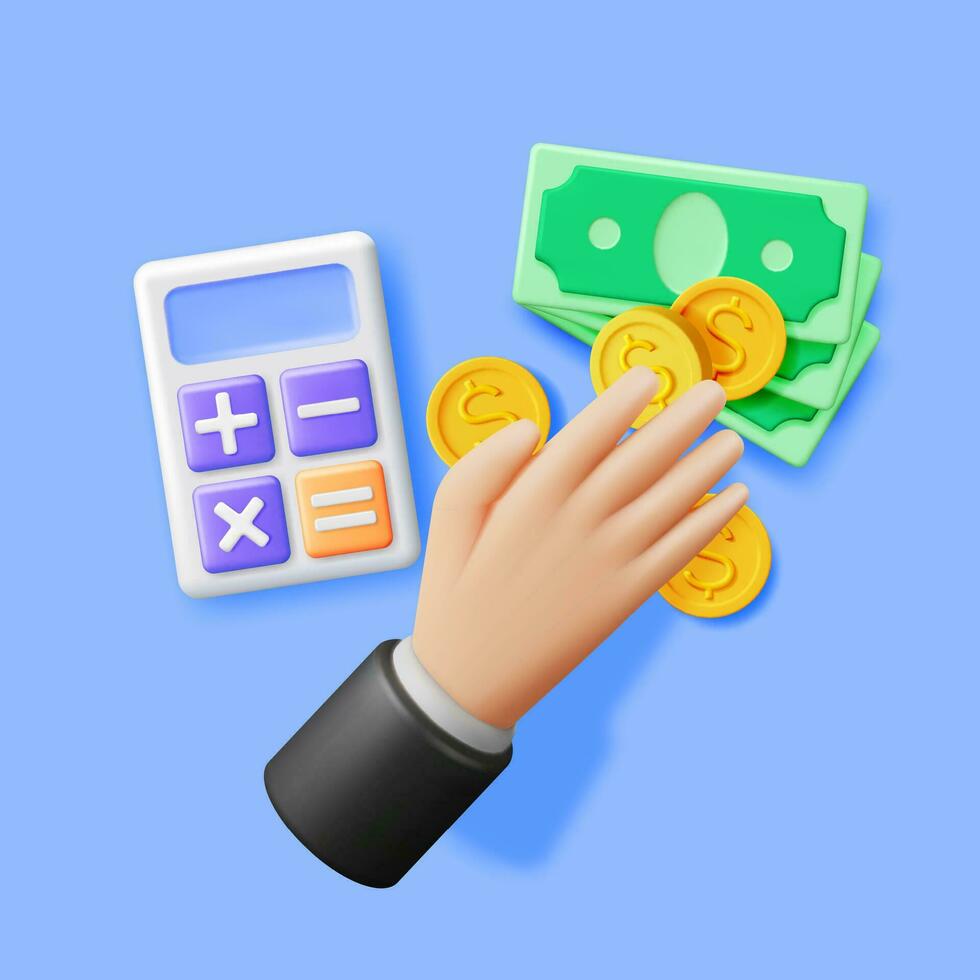 3D Hand with Calculator and Cash Money Isolated. Render Counting Money. Financial Account and Budget, Financial Calculation. Accountancy, Banking, Bookkeeper, Mathematical Count. Vector Illustration