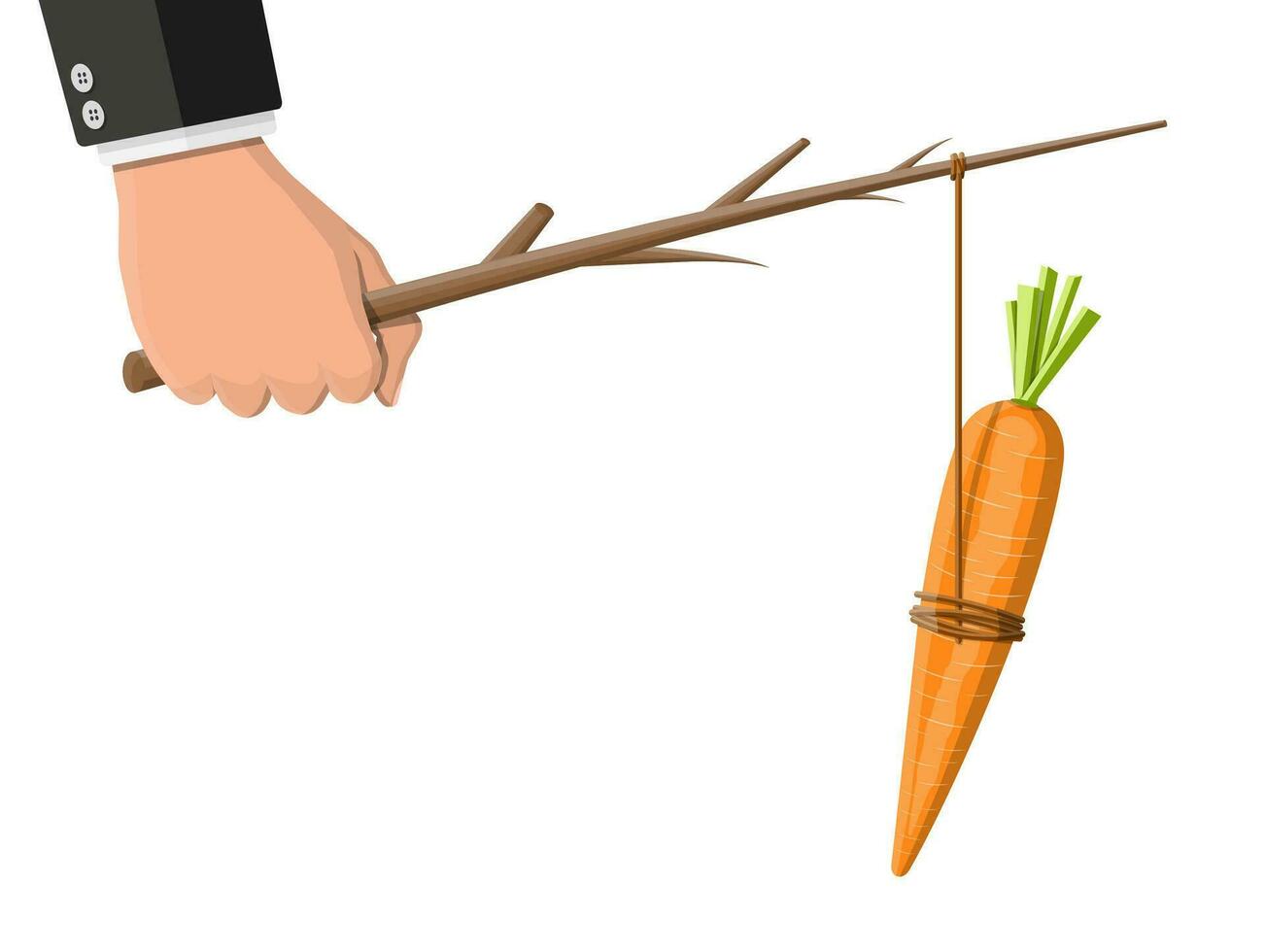 Carrot on a stick in hand. Motivation, stimulus, incentive and reaching goal concept metaphor. Fishing wooden stick with hanging carrot vector