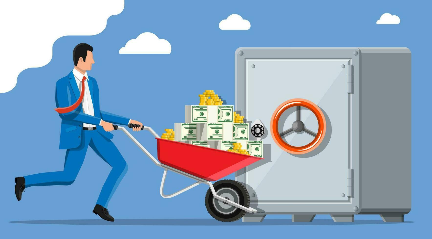 Rich businessman depositing his money in bank in safe. Wheelbarrow full of gold coins and dollar banknotes. Growth, income, savings, investment, wealth. Business success. Flat vector illustration