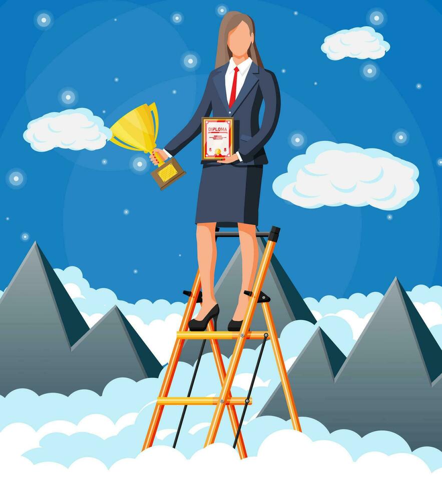 Businesswoman holding trophy, showing award certificate celebrates victory. Mountains, cloud, sky. Business success triumph goal achievement. Winning of competition. Flat vector illustration