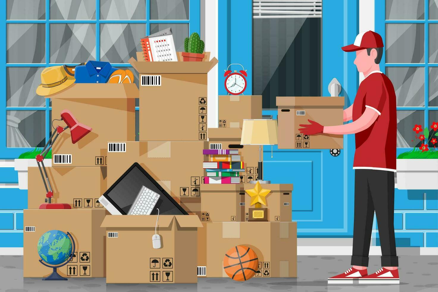 Moving to new house. Family relocated to new home. Male mover, paper cardboard boxes near house facade. Package for transportation. Computer, lamp, clothes, books. Vector illustration in flat style