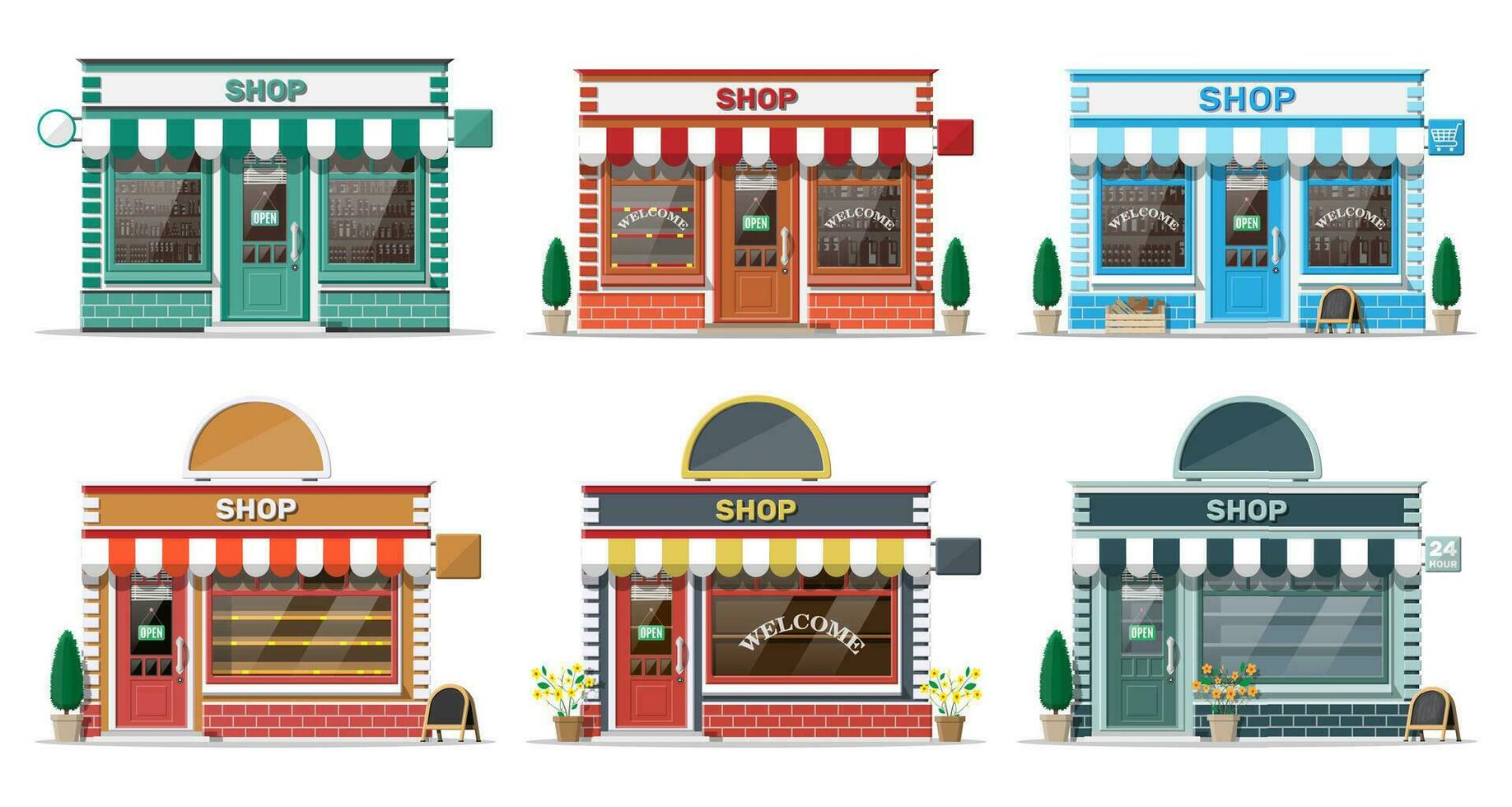 Empty store front with window and door. Wooden and brick facade. Glass showcase of boutique. Small european style shop exterior. Commercial, property, market or supermarket. Flat vector illustration
