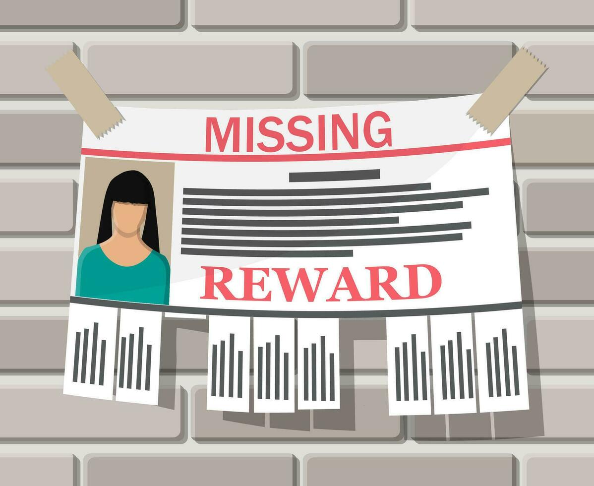 Wanted person paper poster. Missing announce. Information tear off papers. Search for lost person in big city. Vector illustration in flat style