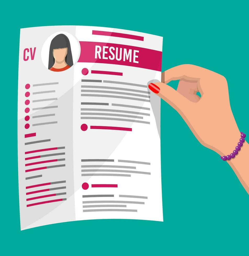 Hand holding job application. CV papers resume. Job interview. Human resources management concept, searching professional staff, work. Found right resume. Vector illustration in flat style