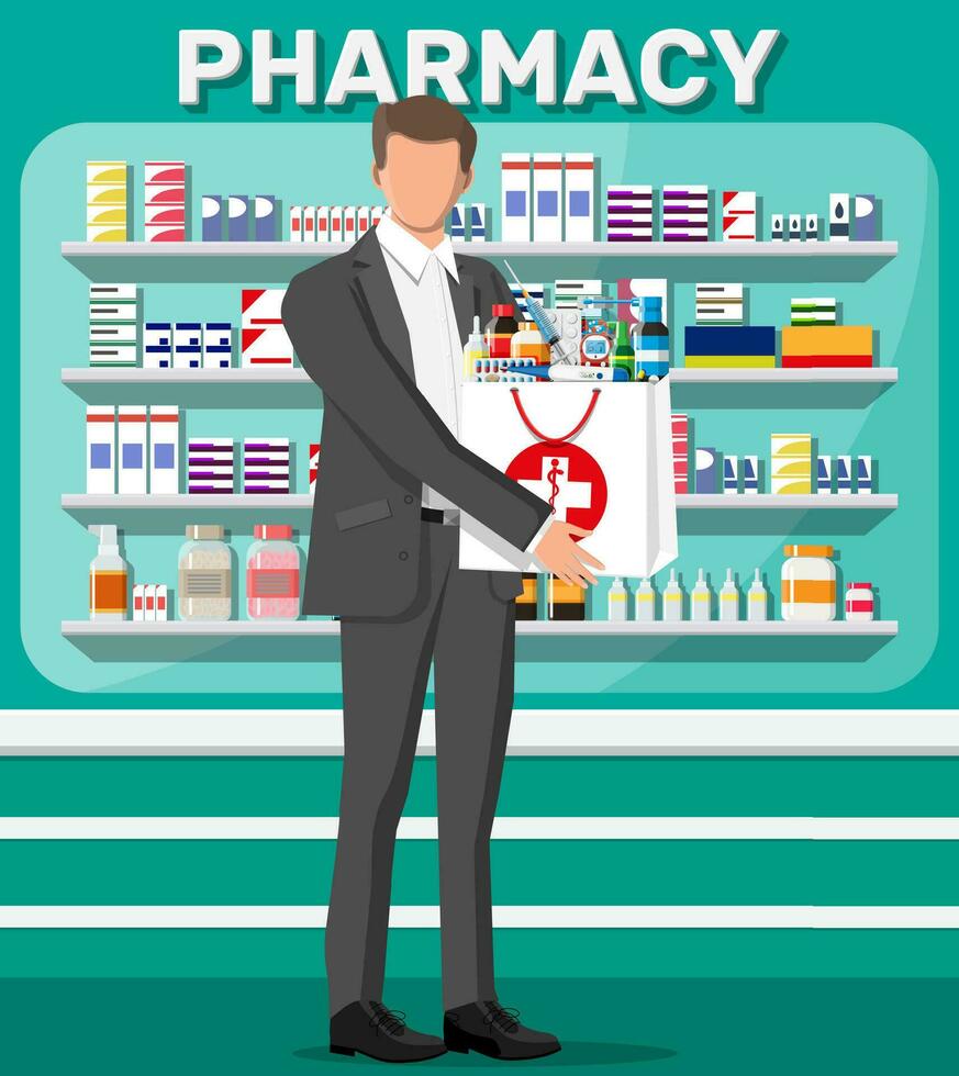 Man holding drugstore bag in front of pharmacy shop. Set of bottles, tablets, pills, capsules and sprays for illness and pain treatment. Medical drug, vitamin, antibiotic. Flat vector illustration