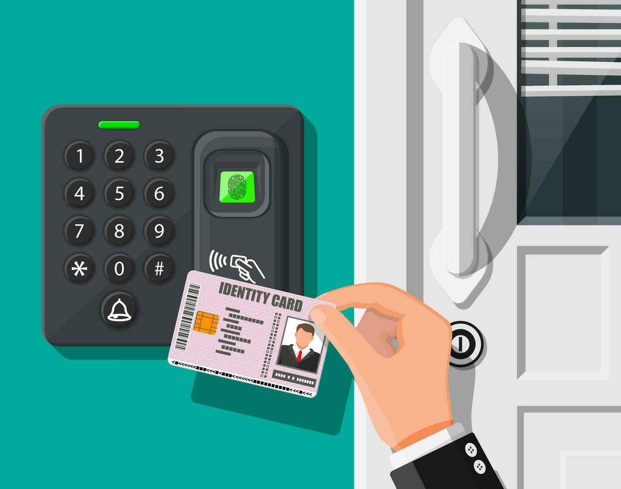 Password and fingerprint security device at office or home door. Hand with id card. Access control machine or time the attendance. Proximity card reader. Vector illustration in flat style