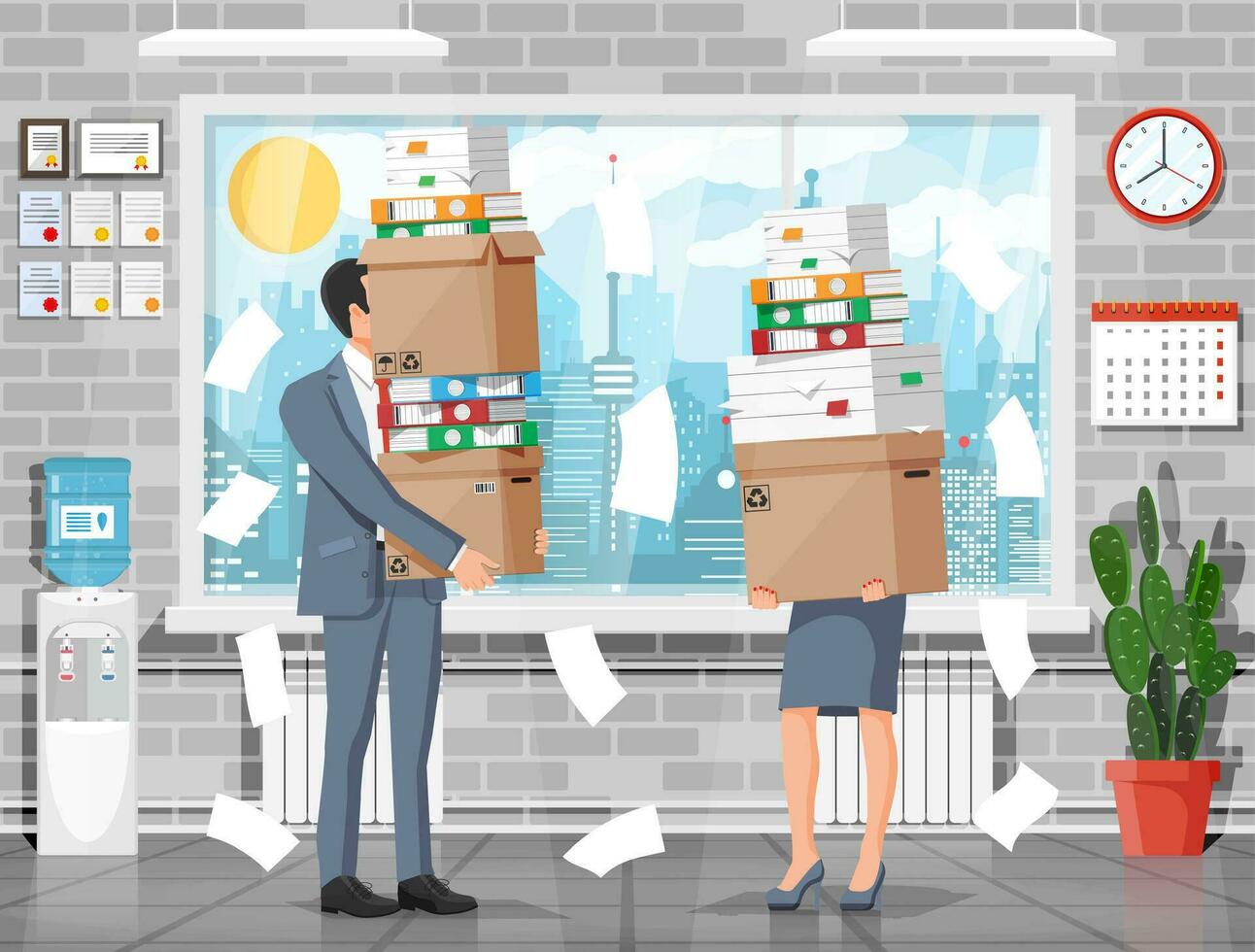 Stressed businesswoman and businessman holds pile of office documents. Overworked woman and man with stacks of papers. Stress at work. Bureaucracy, paperwork, big data. Flat vector illustration