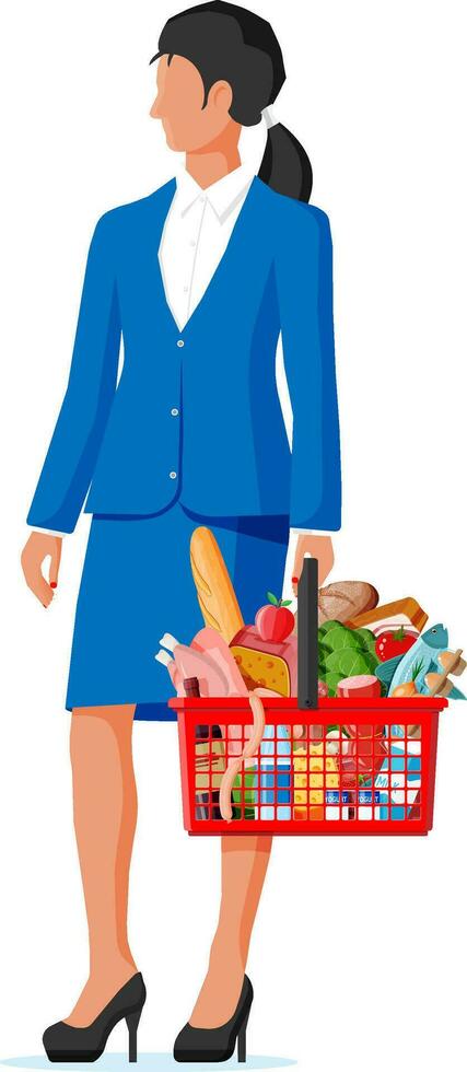 Woman with shopping basket full of fresh products. Grocery store supermarket. Food and drinks. Milk, vegetables, meat, chicken cheese, sausages, salad, bread cereal steak egg. Flat vector illustration