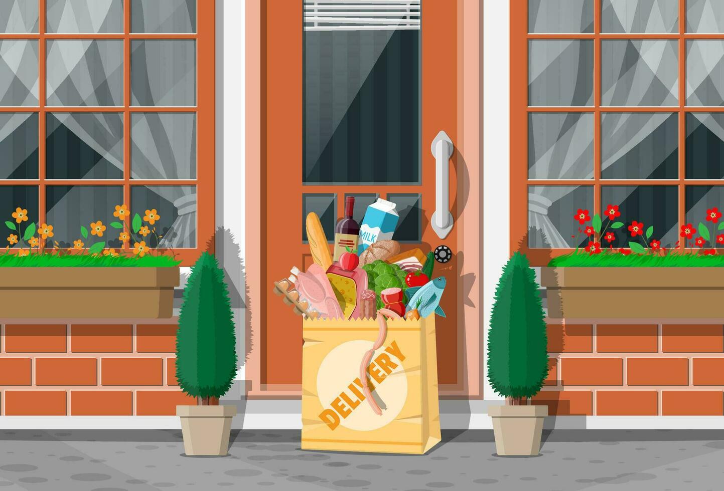 Paper bag of groceries left at door of living house. Food delivery from shop, cafe, restaurant. Grocery products express delivery. Bread, meat, milk, fruit vegetable, drinks. Flat vector illustration