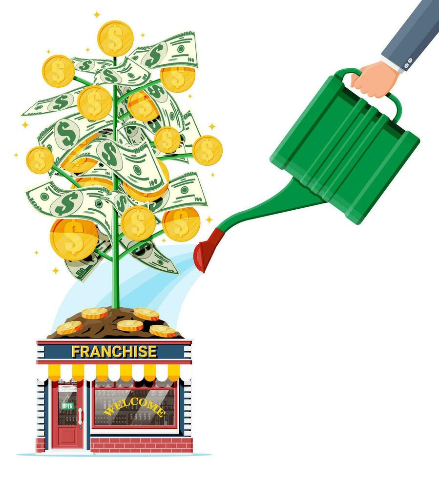 Successful franchise business with money tree. Franchising shop building or commercial property and people. Real estate business promotional, sme. Selling buying new business. Flat vector illustration