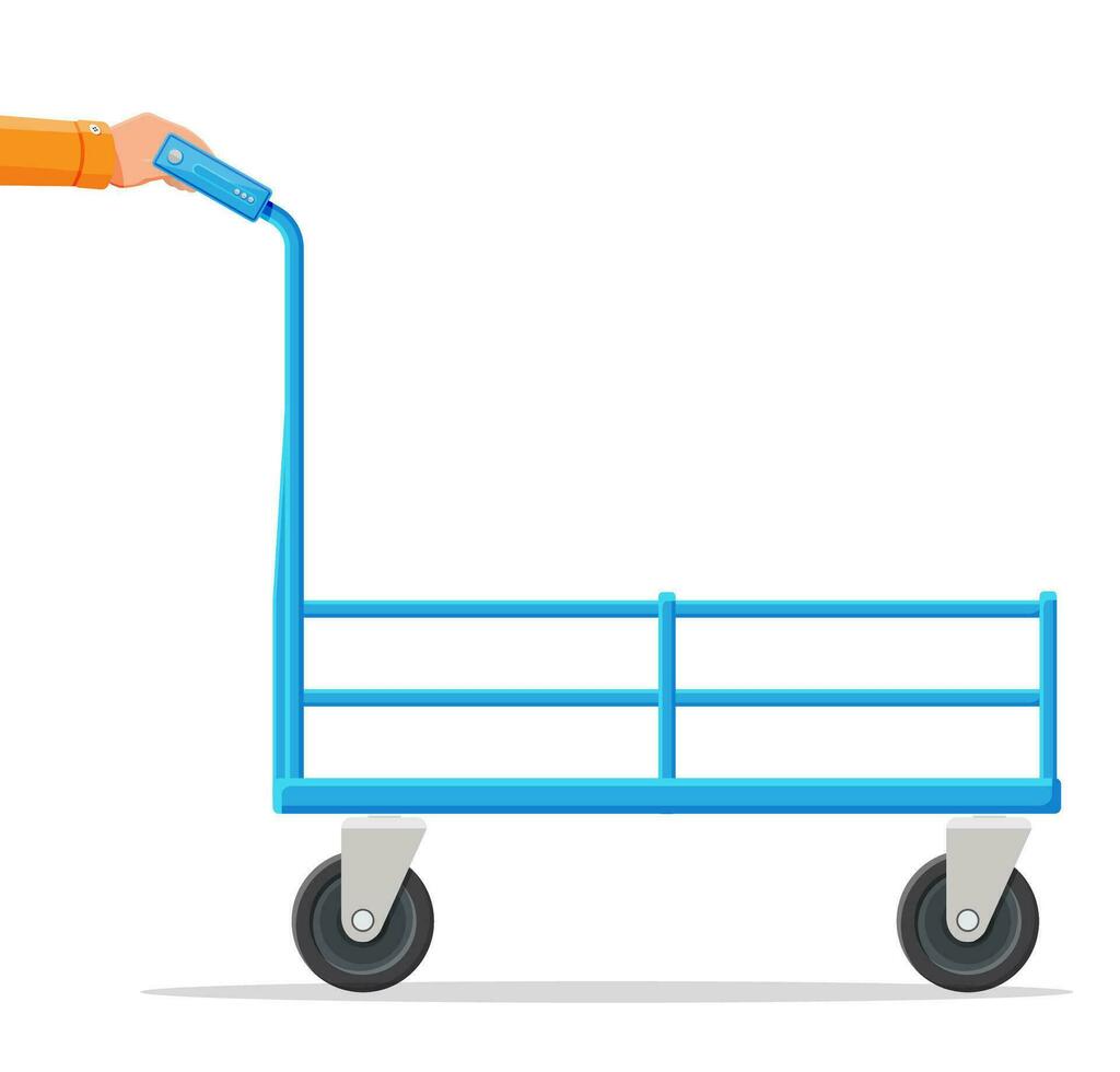 Empty barrow isolated on white. Metallic four wheeled trolley. Hand truck dolly icon. Transportation of goods, warehouse equipment. Cartoon flat vector illustration