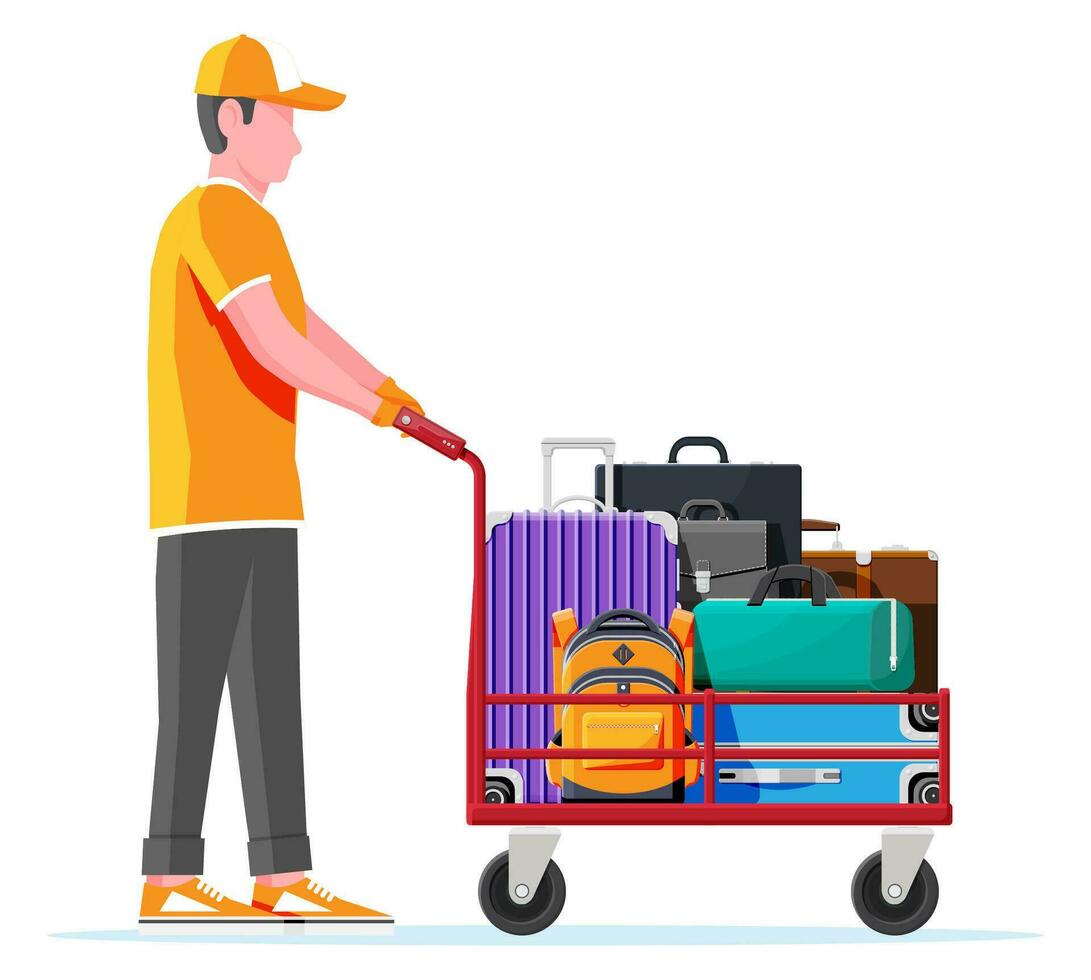 Modern And Vintage Travel Bag Collection On Hand truck. Male Mover. Set Of Plastic And Leather Business Case. Trolley On Wheels. Travel Backpack, Urban Baggage And luggage. Flat Vector Illustration