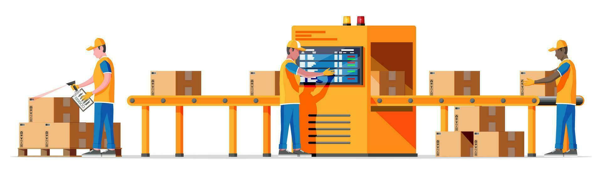 transportador cinturón máquina concepto aislado en blanco. moderno fábrica equipo. almacén proceso servicio. paquete radiografía equipaje. seguridad, logístico y entrega. dibujos animados plano vector ilustración