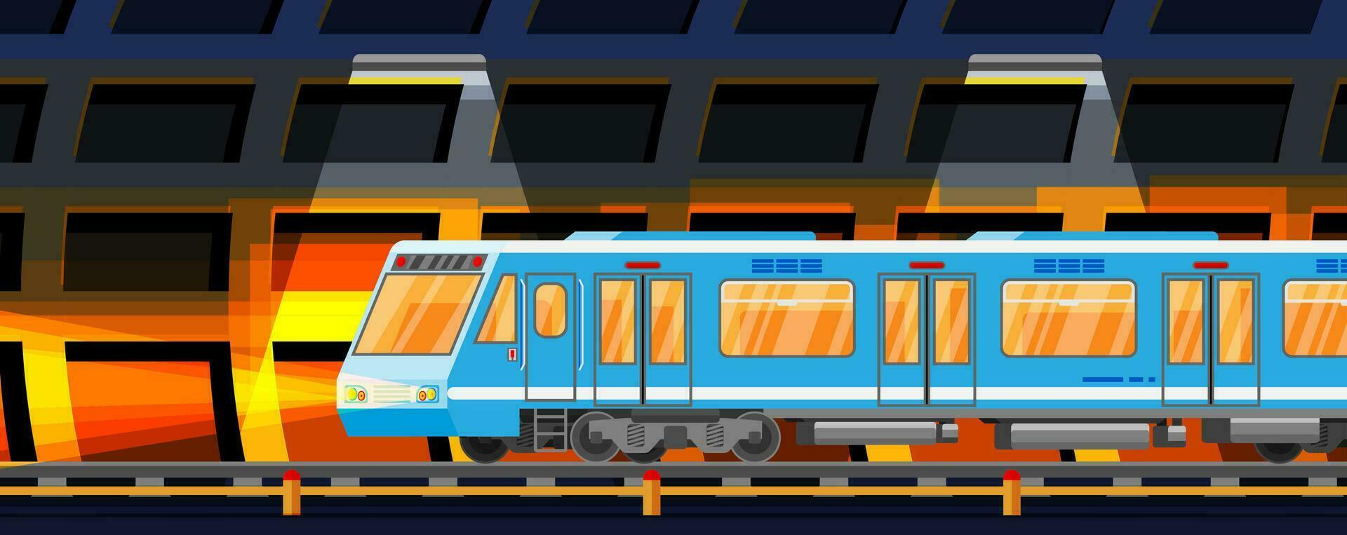 Detailed Underground Train Car in Tunnel. Subway Railway Car with Lights. Modern Urban Metro. Passenger Express Railway. Railroad Public Transportation. Rapid Transport. Flat Vector Illustration