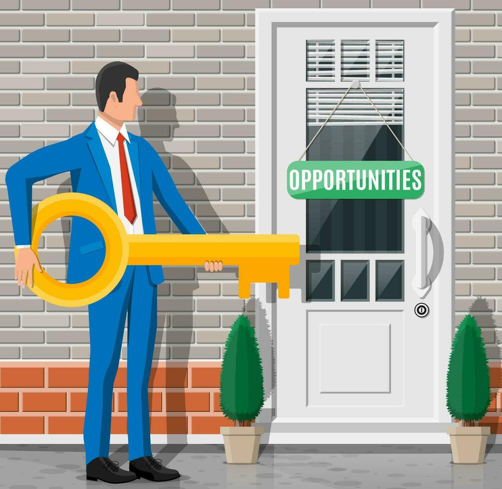 Businessman standing in front of closed door holding big key. Solution, winning, future, business success concept. Key to open door of big opportunities. Achievement and goal. Flat vector illustration