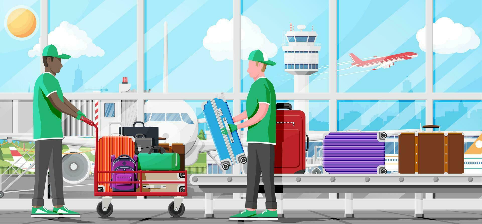 Modern and Vintage Travel Bag on Hand truck. Male Mover, Airport Conveyor Belt. Plastic, Leather Business Case. Trolley on Wheels. Travel Backpack, Urban Baggage and luggage. Flat Vector Illustration