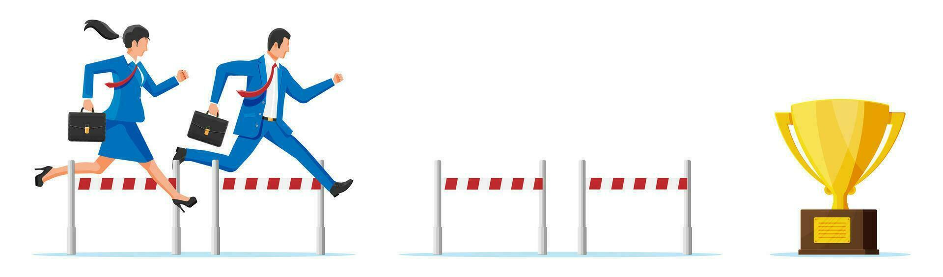 Business man and woman competing in steeplechase race. Businesswoman and businessman jumping over barrier. Financial crisis. Risk management challenge. Achievement and goal. Flat vector illustration