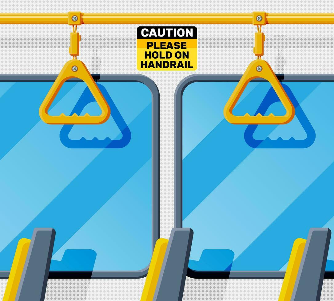 Interior of bus salon. Public city transport. Empty lounge inside modern bus. Seats, windows and handrail. Handles for safety transportations of passengers. Cartoon flat vector illustration