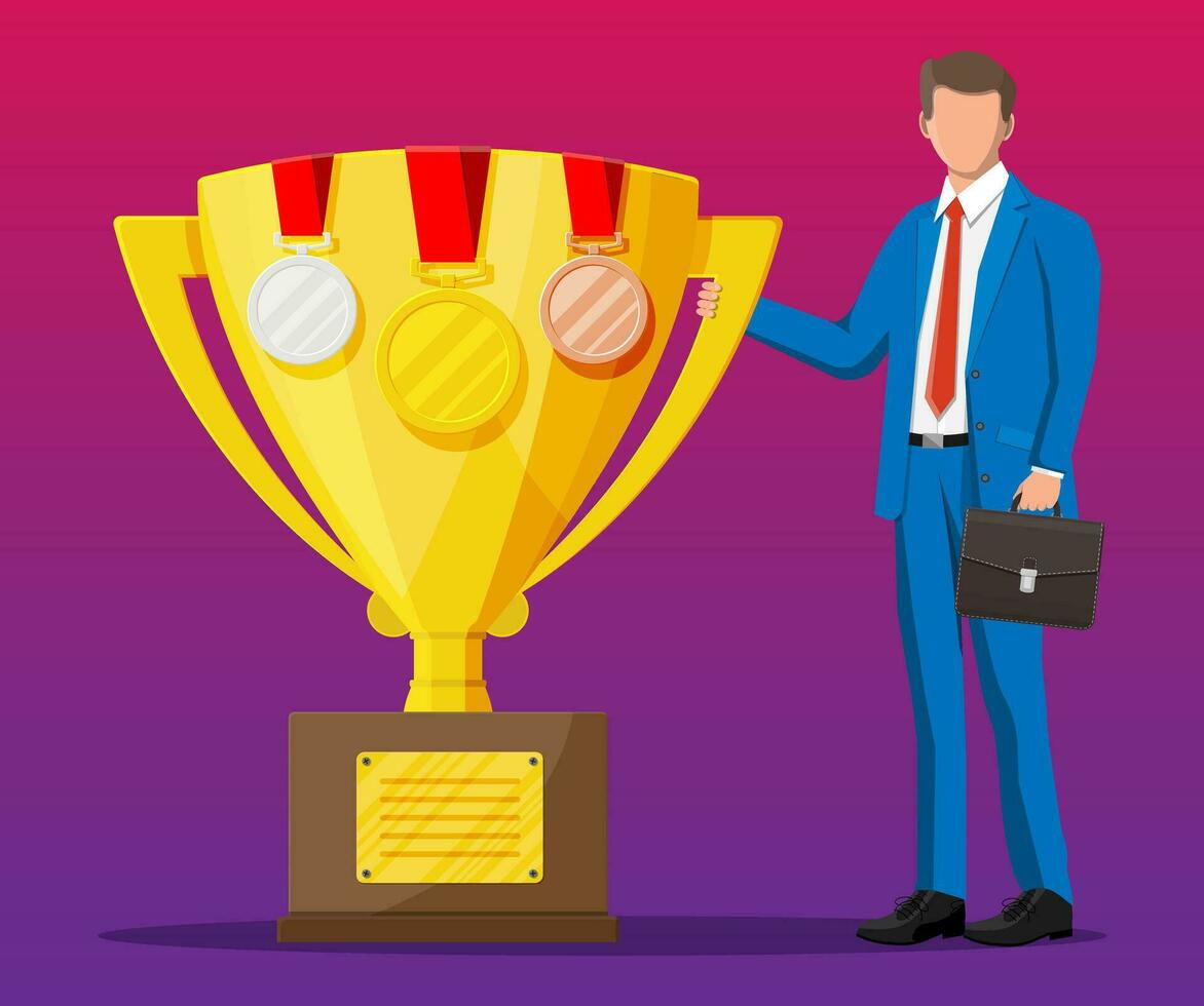 Successful businessman near big gold trophy cup with medals, celebrates his victory. Business success, triumph, goal or achievement. Winning of competition. Vector illustration flat style