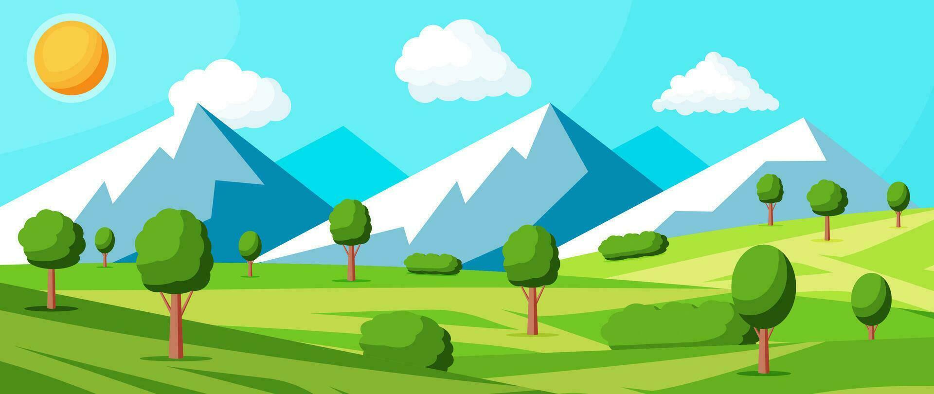 Landscape Of Mountains And Green Hills. Summer Nature Landscape With Rocks, Forest, Grass, Sun, Sky and Clouds. National Park or Nature Reserve. Vector Illustration In Flat Style
