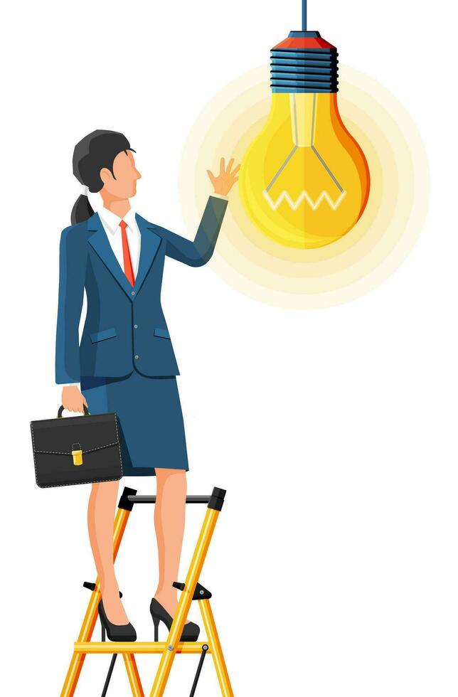 Businesswoman with briefcase on ladder creates new idea. Concept of creative idea or inspiration, business start up. Glass bulb with spiral in flat style. Vector illustration