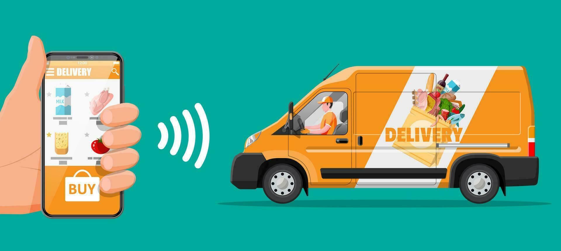 Delivery van full of food and smartphone. Concept of fast grocery delivery service. Supermarket, cafe, restaurant. Groceries products, bread, meat milk fruit vegetable drinks. Flat vector illustration