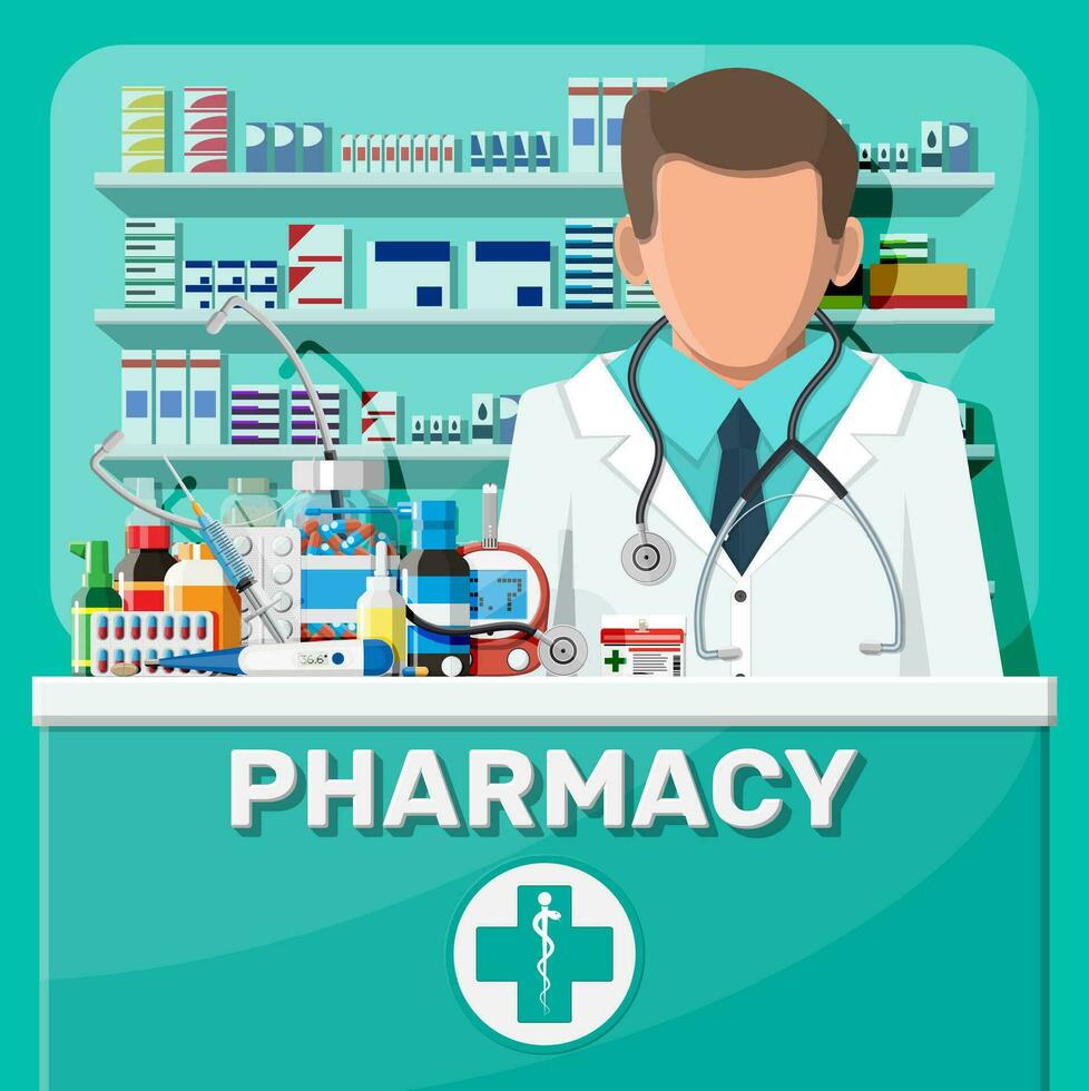 Modern interior of pharmacy and male pharmacist. Medicine pills capsules bottles vitamins and tablets. Drugstore showcase. Shelves with medicines. Medical drug, healthcare. Flat vector illustration
