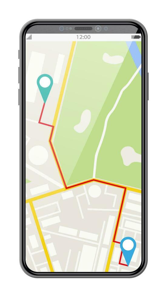 moderno teléfono inteligente con mapa y marcador. GPS navegación en el teléfono con verde y azul punteros rastreo y ubicación concepto. pista aplicación en toque pantalla. dibujos animados plano vector ilustración