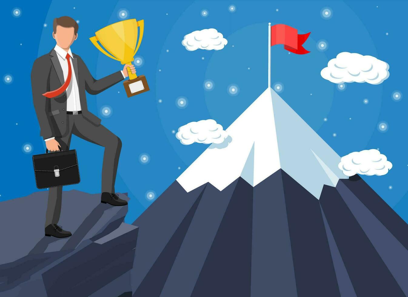 Businessman standing on top of mountain with flag and trophy. Symbol of victory, successful mission, goal and achievement. Trials and testing. Win, business success. Flat vector illustration